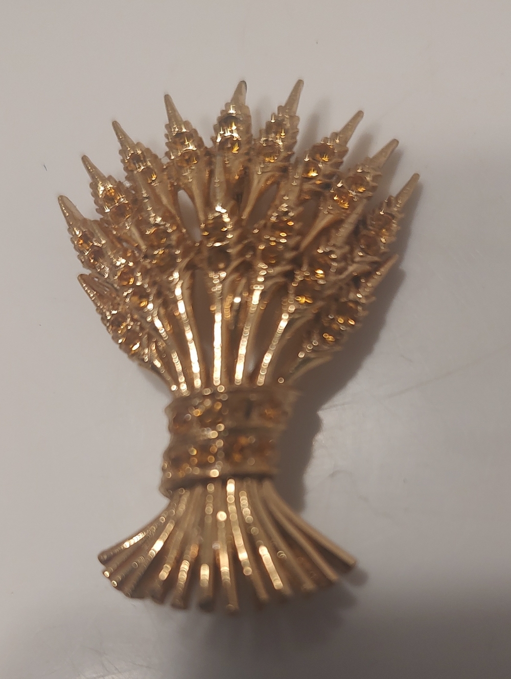 Vintage ORA Wheat Sheaf Barley Amber Rhinestones Gold Tone Brooch